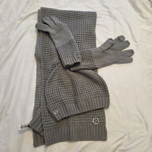 Gray Knit Scarf, Hat, and Gloves Set